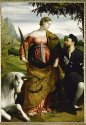 Sainte Justine adorée par un donateur, une licorne à droite (huile sur bois de peuplier)