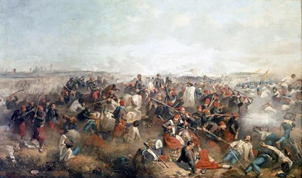 Bataille de Palestro : les zouaves. Au centre, Victor Emmanuel II
