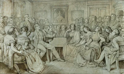 Une soirée chez le baron Spaun, Schubert au piano, le ténor Johann Michael Vogl chantant ... (encre, sépia)