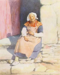 Sur les marches de la maison du moulin, Pont-Aven