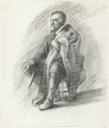 Homme barbu assis avec cape et chapeau