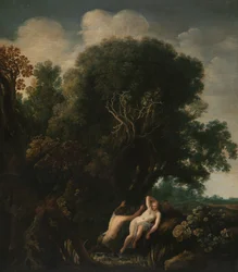 Une nymphe surprise à son bain par un satyre