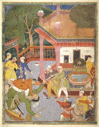 Un héros tue un géant devant une foule de spectateurs dans une cour, illustration du Hamza Nama, vers 1555-67