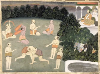 Des athlètes se produisent devant un noble assis, c.1760