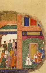 Le roi Dasaratha conversant avec le prêtre de la famille au sujet de la régence de Rama dans le palais, tandis que les courtisans et les ministres attendent dans la cour, vers 1595
