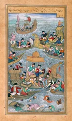 Sultan Bahadur et Rumi Khan sautant dans la mer entourés de bateaux portugais, de l