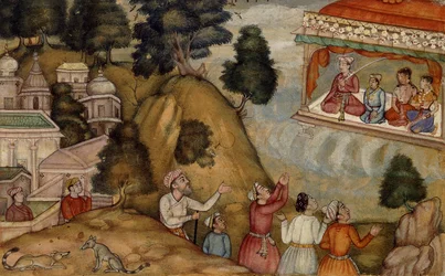Villageois rendant hommage à un homme et sa famille assis sur une véranda ornée de guirlandes, vers 1585