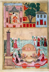 Souffleur de verre au champ de courses de Constantinople. Page tirée du « Surname-i Humayun » (Livre des Festivités) illustrée par Osman (vers 1582)