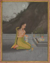Scène nocturne de Shiva Puja, vers 1760-70 (aquarelle opaque avec or sur papier)