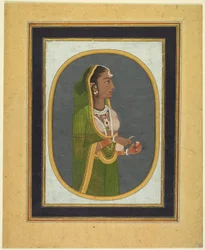 Courtisane versant du vin, vers 1760 ; bordures vers 1830 (aquarelle opaque, encre et or sur papier)