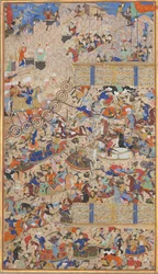 Bataille entre Iraniens et Turaniens, folio du Shahnama Livre des Rois, 1562-83