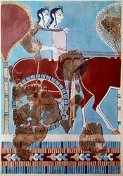 Art mycénien : couple sur un char. Fragment de fresque du palais de Tirynthe et reconstitution