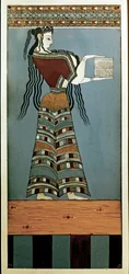 Art mycénien : Une courtisane de Mycènes. Fresque de Tyrins, original 13e siècle avant J.-C. (fresque)