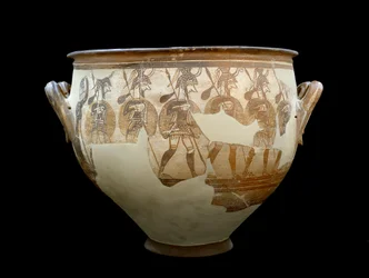 Civilisation mycénienne : cratère appelé Cratère des guerriers - Du cercle de tombes A à Mycènes. XIIe siècle av. J.-C. - Athènes, Musée archéologique national
