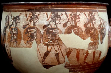 Civilisation mycénienne : cratère appelé Cratère des guerriers. Du cercle de tombes A de Mycènes. XIIe siècle av. J.-C. Athènes, Musée archéologique national.