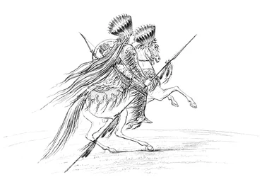 Amérindien avec des armes et une coiffe, à cheval, 1841