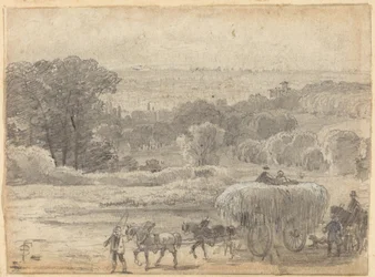 Paysage du soir avec une charrette de foin