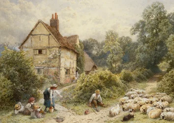 Ferme de Fowl House, Witley, avec des enfants, un berger et un troupeau de moutons à proximité
