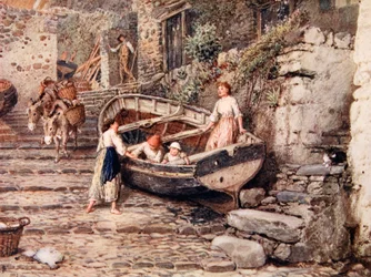 Vue de Clovelly, avec bateau échoué et personnages, 1882