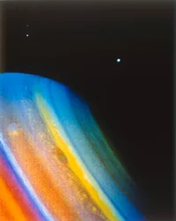 Saturne et sa lune Dioné, vue depuis la sonde Voyager 2