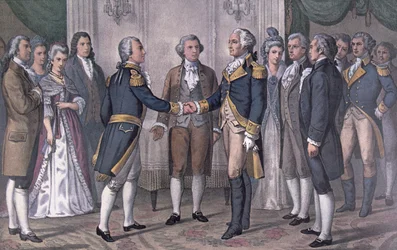 La première rencontre du général George Washington et du marquis de La Fayette à Philadelphie, 3 août 1777, publié en 1876 (lithographie en couleur)