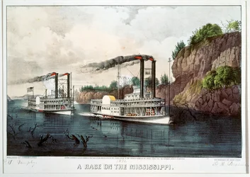 Une course de bateaux à vapeur sur le Mississippi (épreuve coloriée)