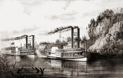 Bateaux à vapeur faisant la course sur le fleuve Mississippi, USA