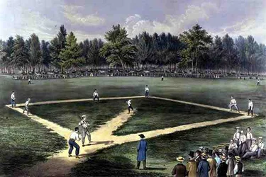 Le jeu national américain du baseball, grand match pour le championnat aux Elysian Fields, Hoboken, N.J. 1866
