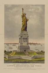 La grande statue de Bartholdi, La Liberté éclairant le monde, Le cadeau de la France au peuple américain, c.1885 (chromolithographie)