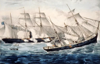 Sloop de guerre américain au large de Cherbourg, France, dimanche 19 juin 1864. Illustration par Currier & Ives. vers 1864.