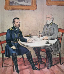 Le général Robert E. Lee se rend au général Ulysses S. Grant à Appomattox Courthouse, 9 avril 1865 (lithographie en couleur)