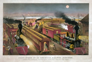 Scène nocturne à une jonction ferroviaire américaine par Currier & Ives