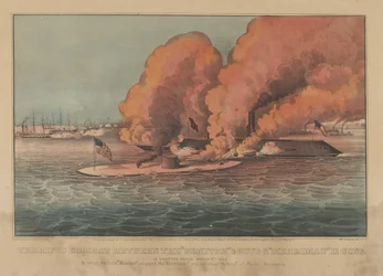 Combat terrible entre le "Monitor" 2 canons et le "Merrimac" 11 canons à Hampton Roads le 9 mars 1862 (lithographie colorée à la main)