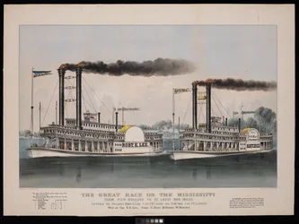 La grande course sur le Mississippi de la Nouvelle-Orléans à Saint-Louis 1210 miles. Entre les vapeurs Robt. E. Lee... et Natchez... Gagné par R.E. Lee