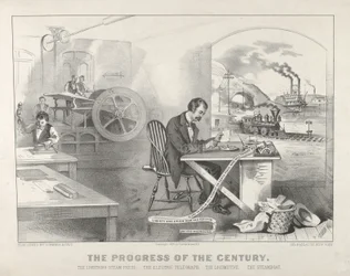 Le progrès du siècle : la presse à vapeur éclair, le télégraphe électrique, la locomotive, le bateau à vapeur