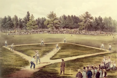 Le jeu national américain du baseball - Grand match aux Elysian Fields, Hoboken, New Jersey, 1866