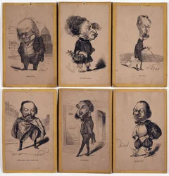 6 Portraits chargés : Pierre Jean de Béranger (1780-1857) chansonnier français, Alexandre Dumas fils (1824-1895), Louis Adrien Huart (1813-1865) journaliste, écrivain et directeur de théâtre français, Gérard de Nerval (1808-1855), écrivain français, Charle