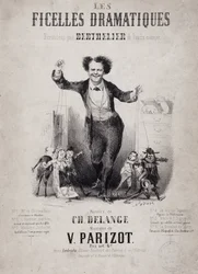 Portrait de Jean Berthelier (1830-1888) tenant les fils de marionnettes. Album « Les Ficelles Dramatiques déroulées par Berthelier de l