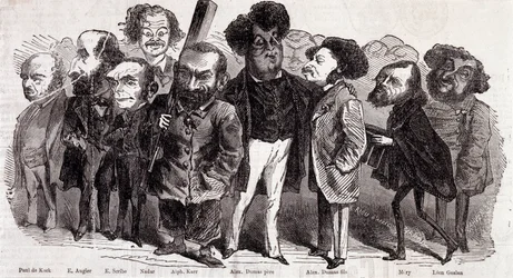 Portraits des écrivains Paul de Kock (1793-1871), Émile Augier (1820-1889), Eugène Scribe (1791-1861), Félix Nadar, Alphonse Karr (1808-1890), Alexandre Dumas père (1802-1870) et Alexandre Dumas fils (1824-1895), Joseph Méry (1798-1866) et Léon Gozlan (180
