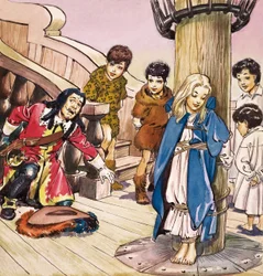 Wendy attachée au mât, illustration de "Peter Pan" de J.M. Barrie (gouache sur papier)
