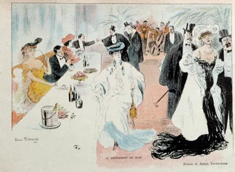 Au restaurant de nuit Parisiens de la bourgeoisie en tenue de soirée au restaurant, bouteilles de champagne sur la table, un orchestre joue au fond de la salle