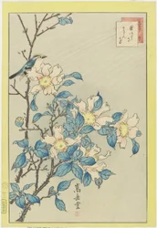 Oiseau bleu et fleurs roses