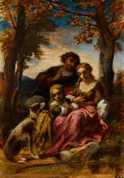 Figures et un chien dans un paysage
