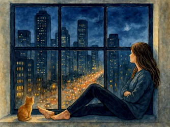 Femme, chat, ville, fenêtre