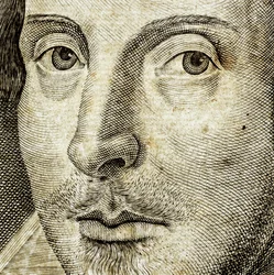 Détail du portrait de William Shakespeare sur la page de titre des Comédies, histoires, & t...