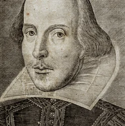 Détail du portrait de William Shakespeare sur la page de titre des Comédies, histoires, & t...