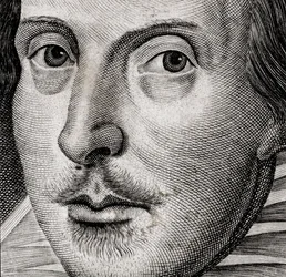 Détail du portrait de William Shakespeare sur la page de titre des Comédies, histoires et t...
