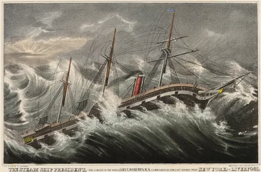 Le paquebot President, le plus grand du monde, commandé par le lieutenant Roberts lors de son dernier voyage de New York (USA) à Liverpool (Angleterre), dans la tempête du 12 mars