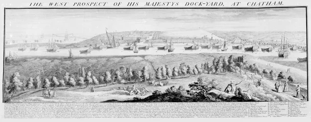 La perspective ouest du chantier naval de Sa Majesté à Chatham, 1738