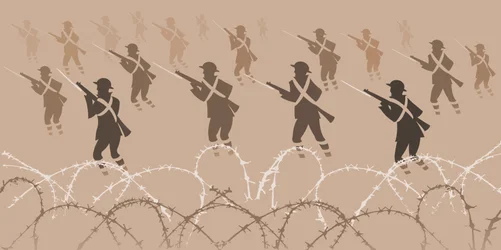 Soldats de la Première Guerre mondiale avec baïonnettes - sortant des tranchées